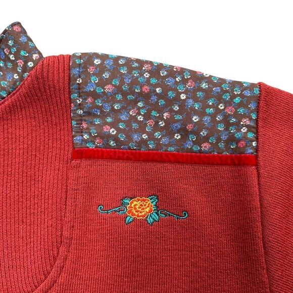 Vintage 80s Womens Mock Neck Sweater Small Rust Micro Floral Embroidered Fall - Picture 6 of 16